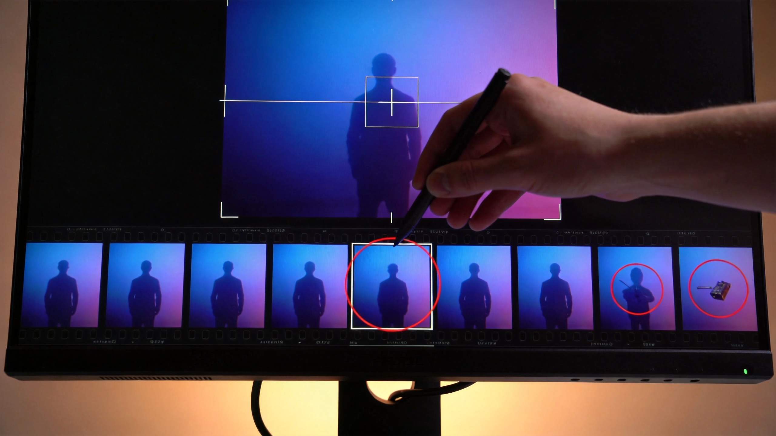 Hand using a stylus to review highlighted frames on a video editing monitor