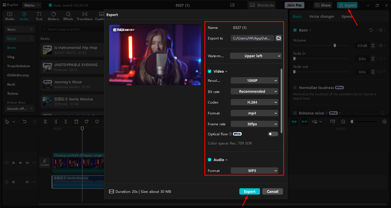Exporting video from the Capcut desktop video editor