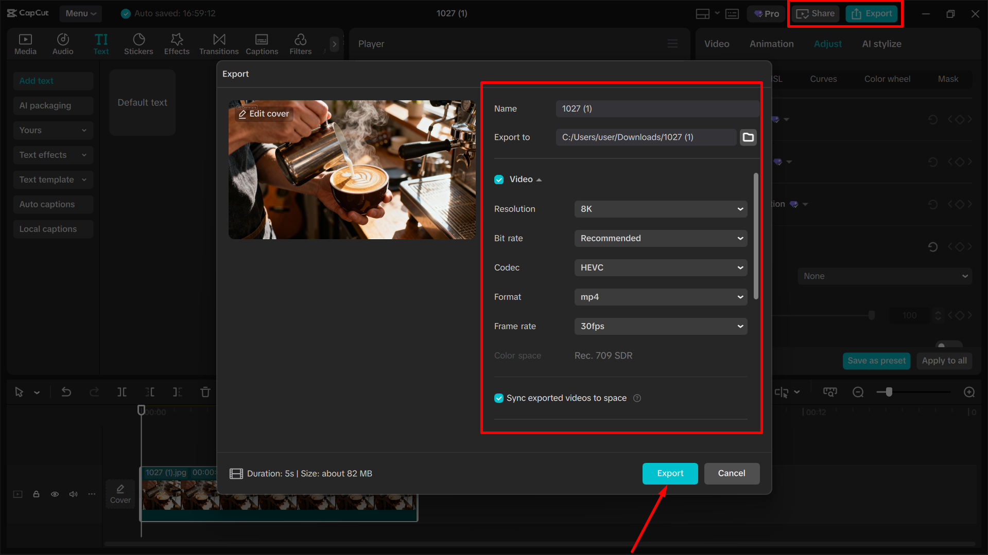 Exporting the final video from the CapCut desktop video editor