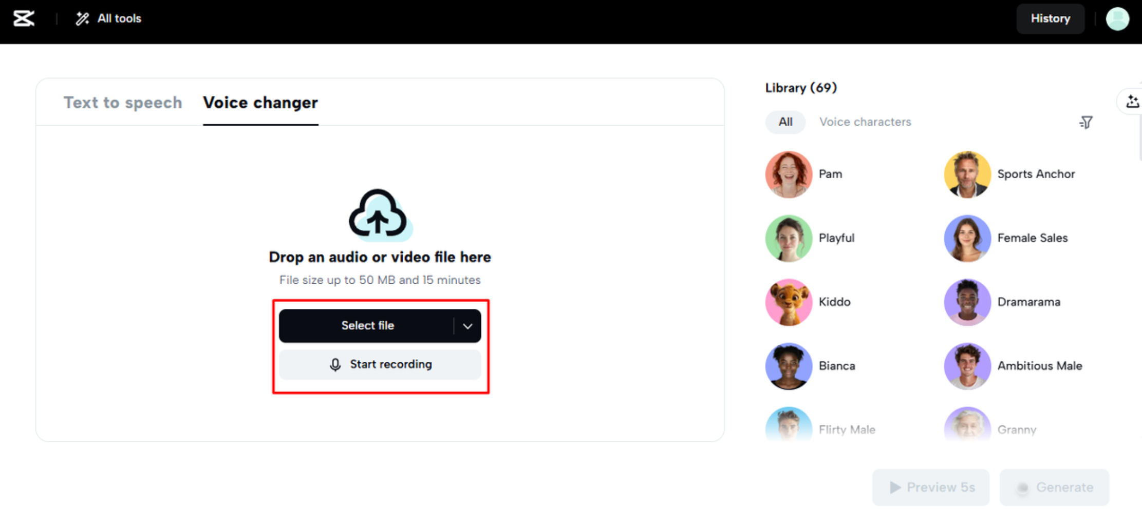 Caricamento dell'audio in CapCut Web