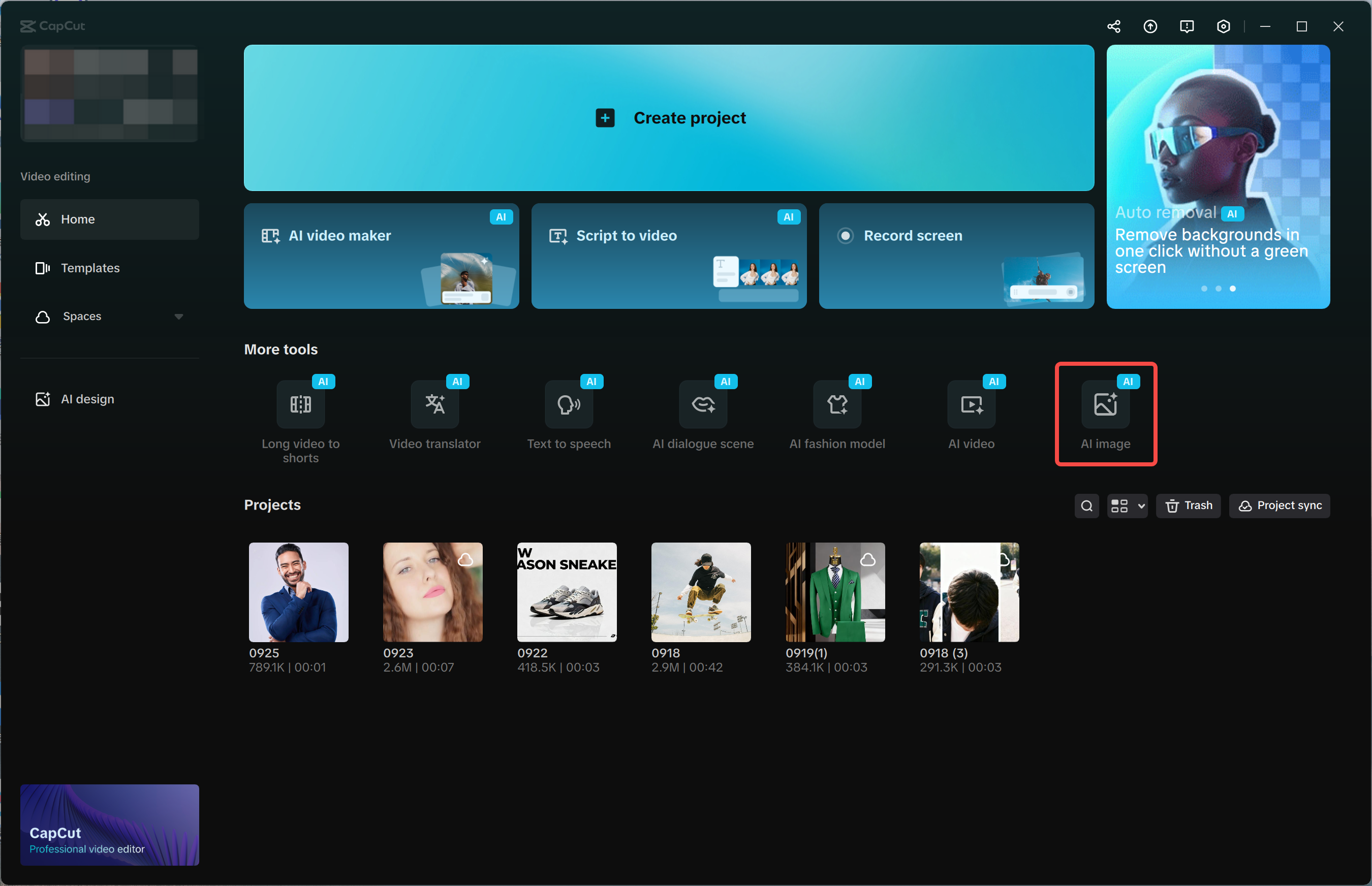 Åtkomst till funktionen "AI image" i CapCut