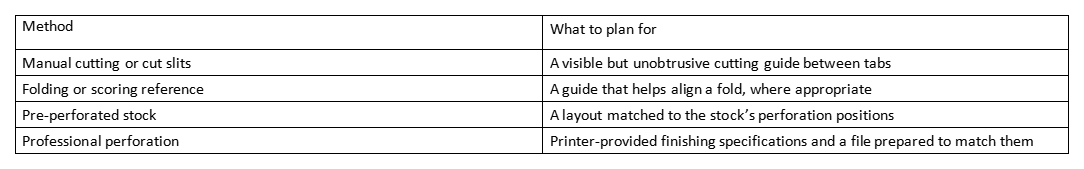 Table of methods and planning notes for flyer tear-off tabs