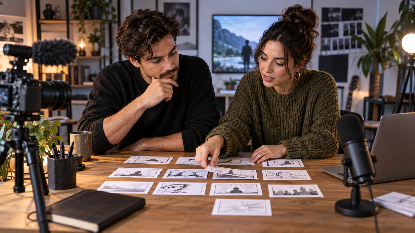Creators planning a YouTube script and visual sequence