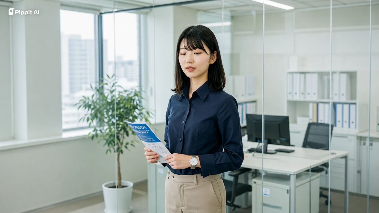 Formal fictional 18+ educator holding a printed sheet in a bright office, with the Pippit AI mark at top left