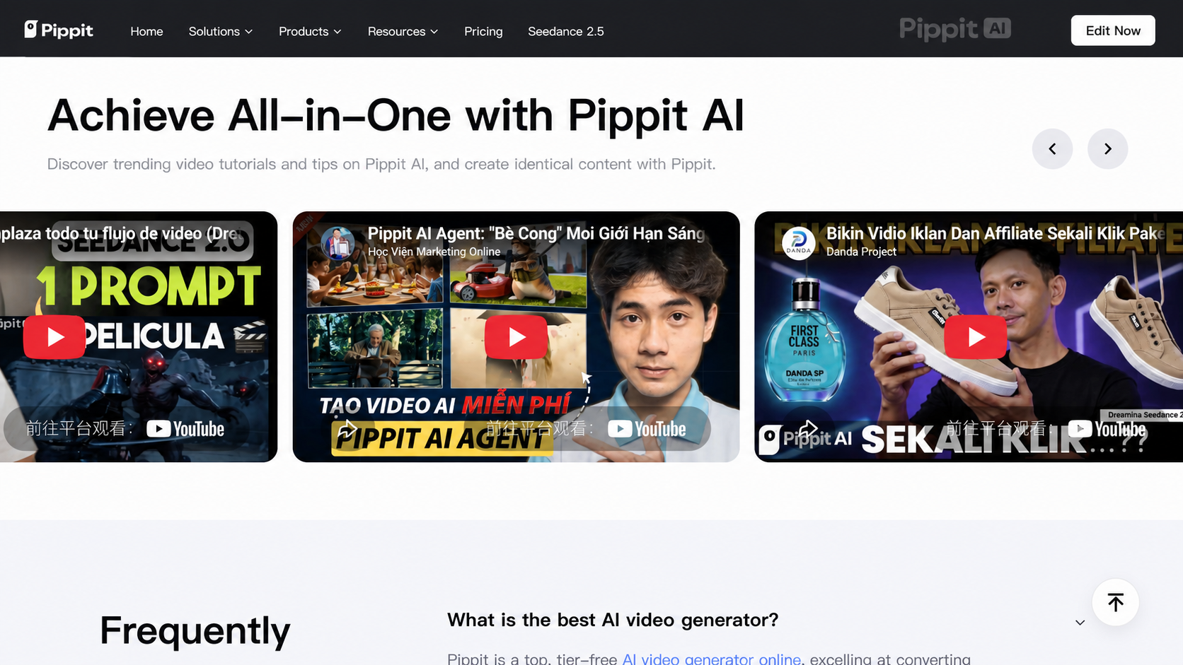 Pippit AI webpage with a large headline and three YouTube video thumbnails