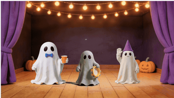 Three clay ghosts move independently on a wooden party stage: the left ghost holds an orange cup, the middle ghost shakes a yellow tambourine and the right ghost waves beneath a purple hat.