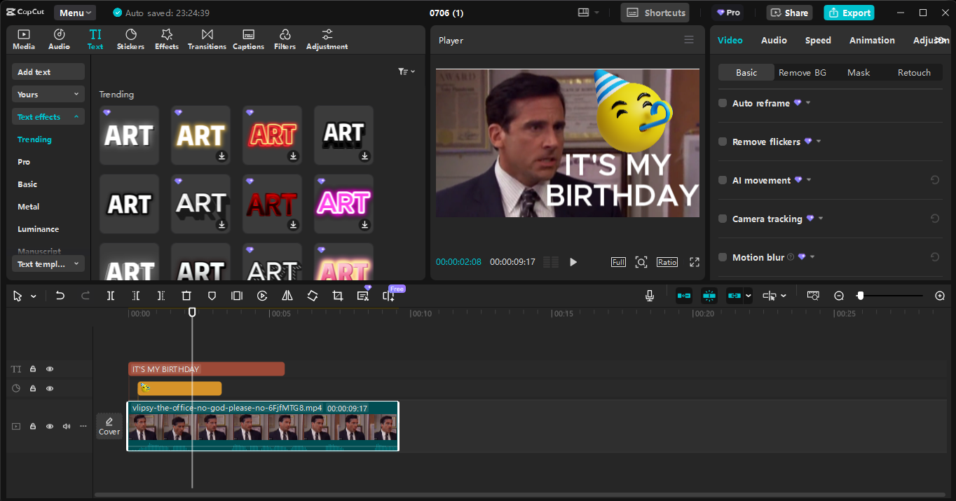 Editing interface of the CapCut desktop video editor - the best tool to create happy birthday meme