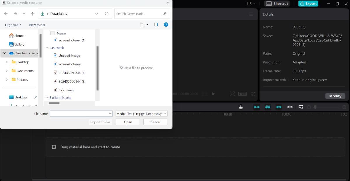 Windows Select a media source dialog open during a CapCut import step, with no media chosen yet.