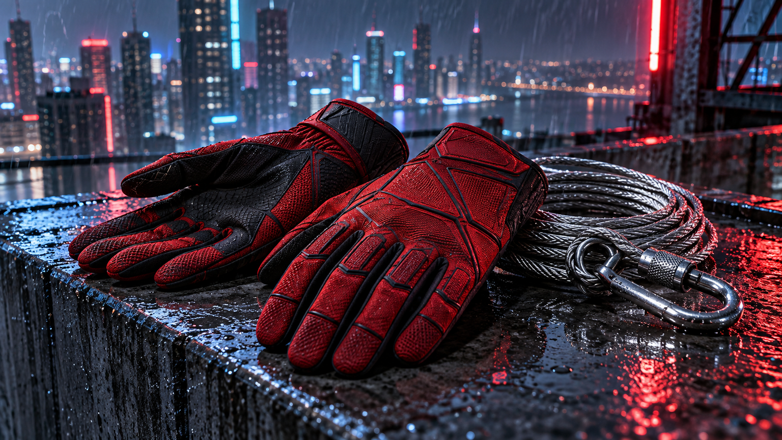 prompt ng video ng Spiderman AI: Close-Up ng Neon Rooftop Gear