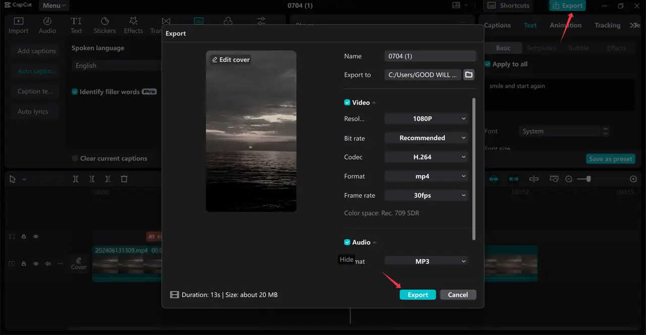Export vysoce kvalitního videa z editoru videa pro stolní počítače CapCut