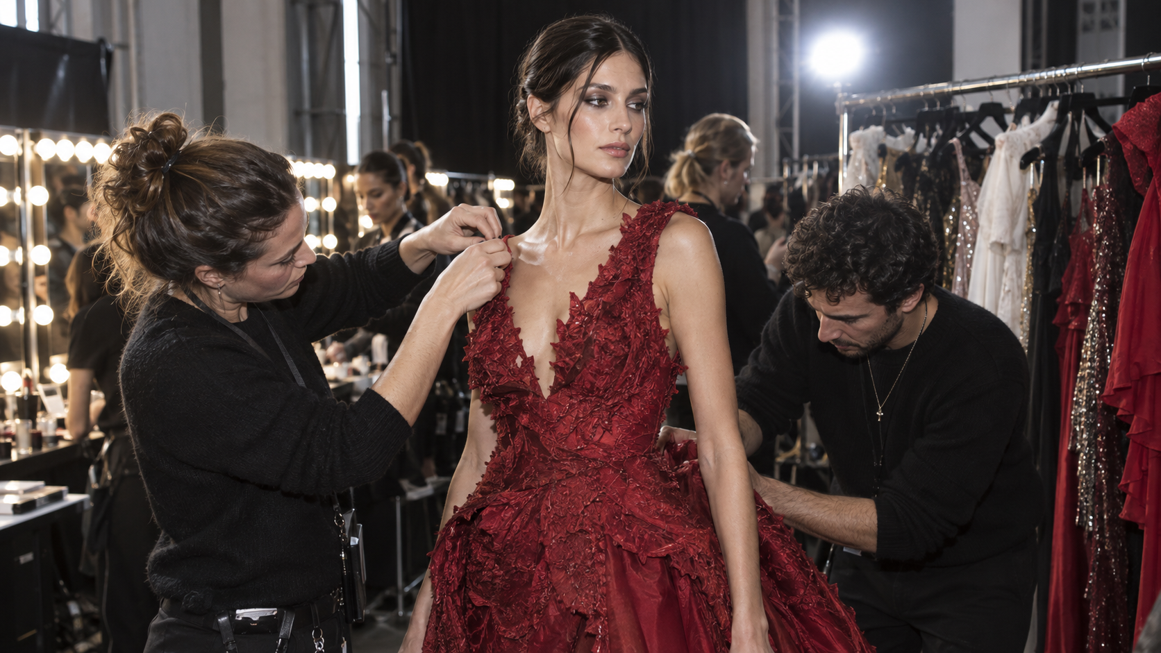 Invitations photo IA de la Fashion Week : Crimson Couture Backstage