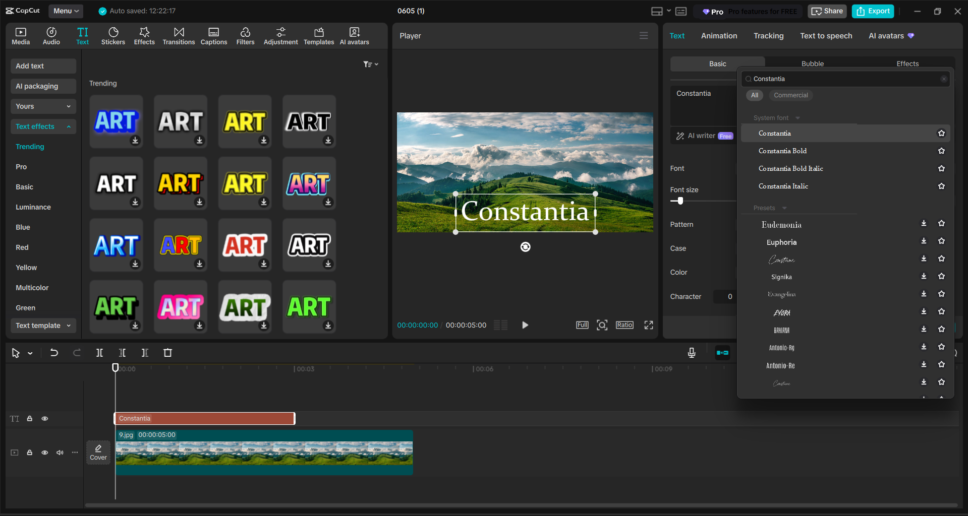 Interface of the CapCut desktop video editor - an easy way to add Constantia font to videos