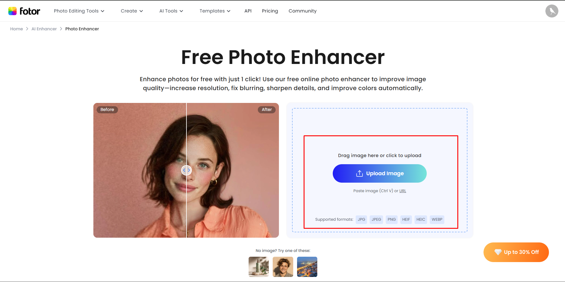 Uploading an image to Fotor photo enhancer