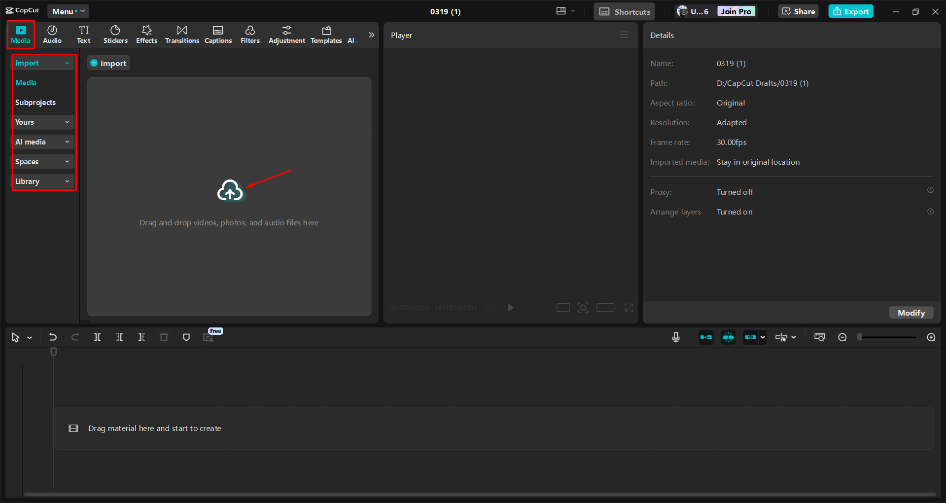 Importing a video into the CapCut desktop video editor