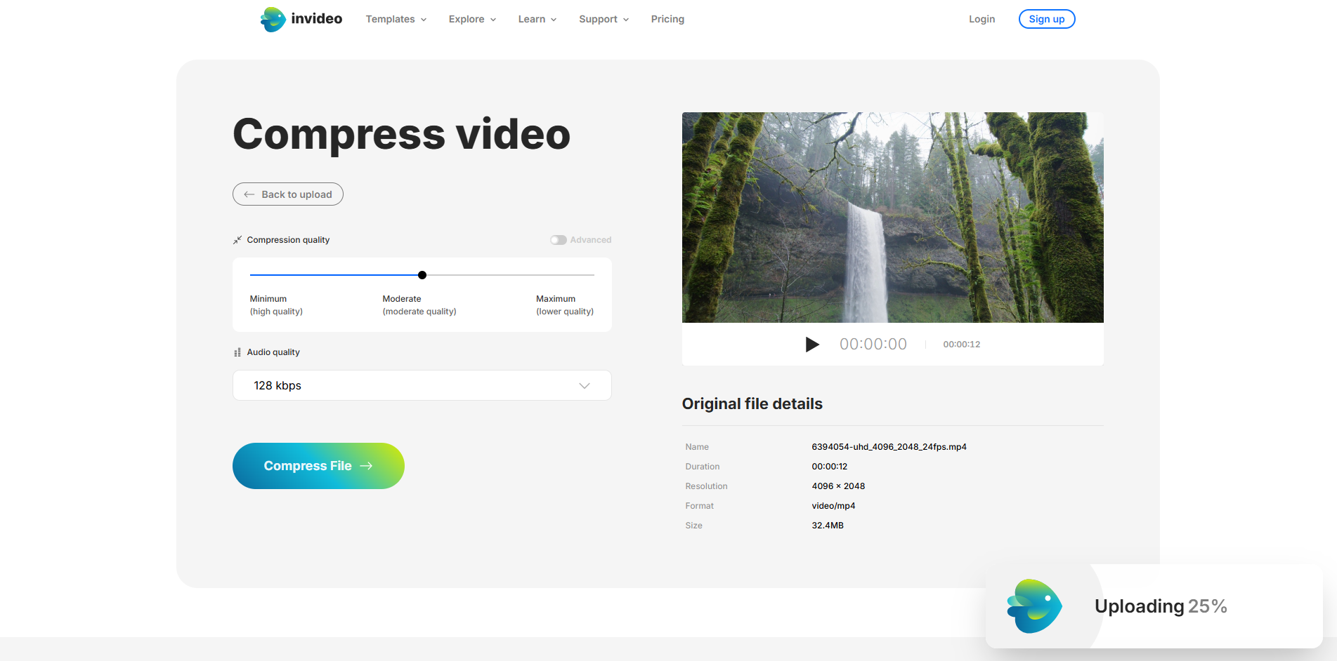 Schnittstelle von InVideo AI - ein weiteres wertvolles Online-Video-Komprimierungstool.
