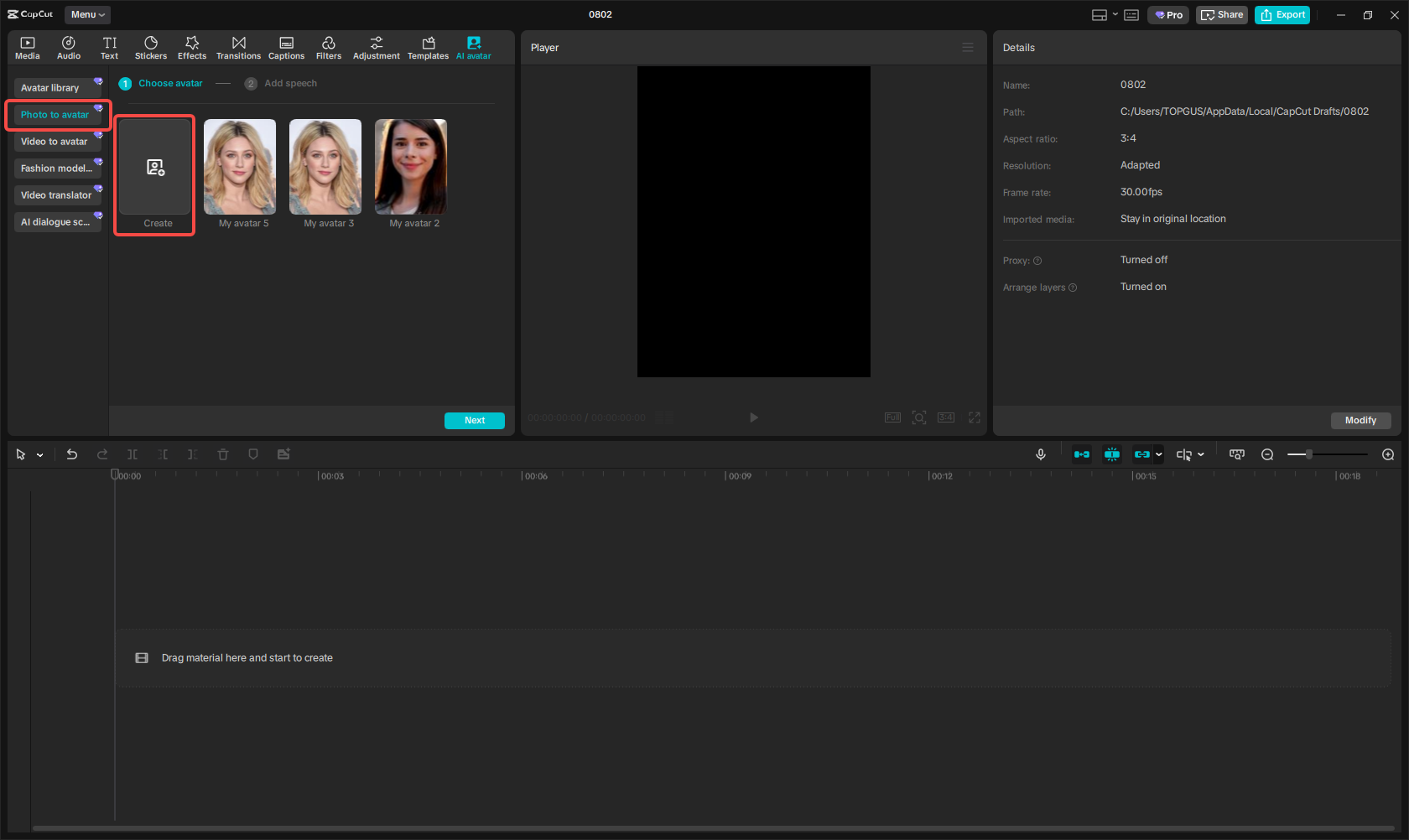 Accessing the "Photo to avatar" option in CapCut