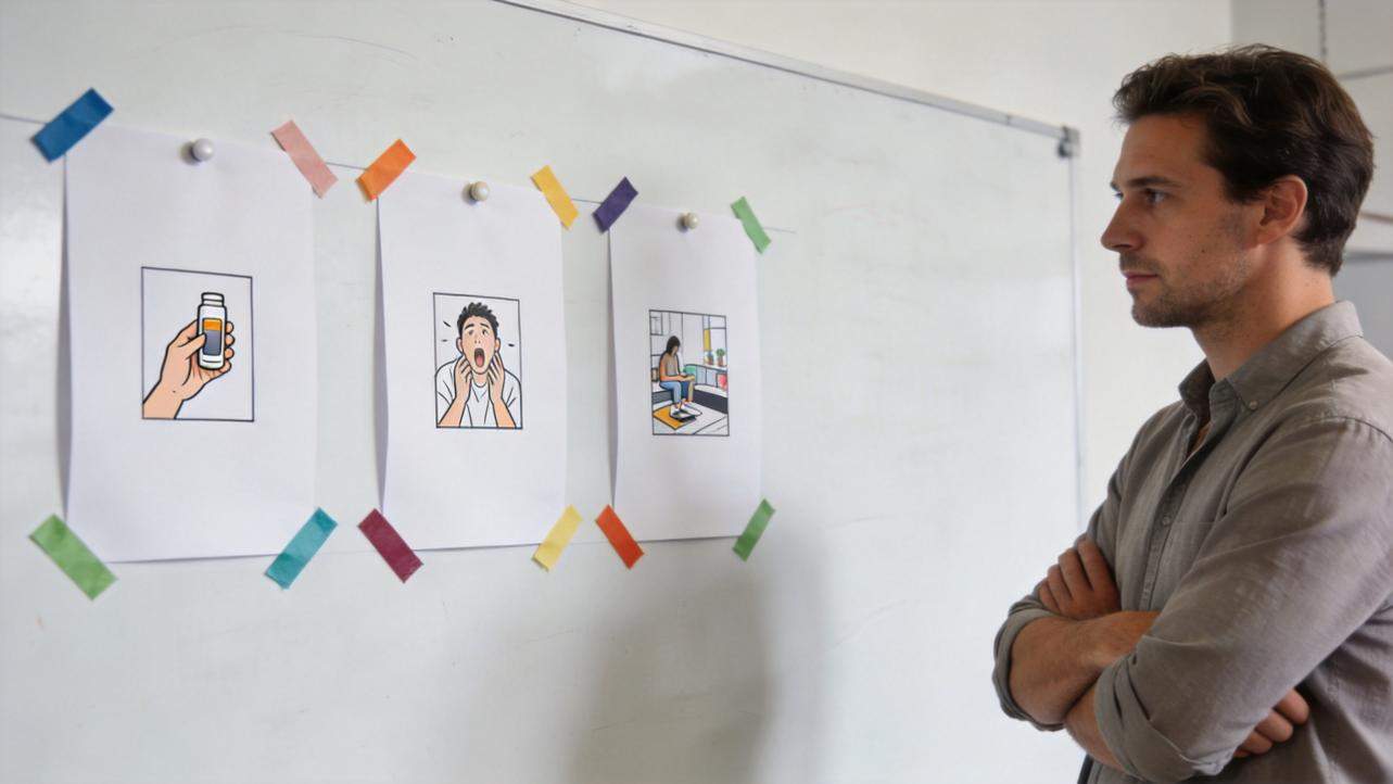 Man studies three taped concept sketches on a whiteboard