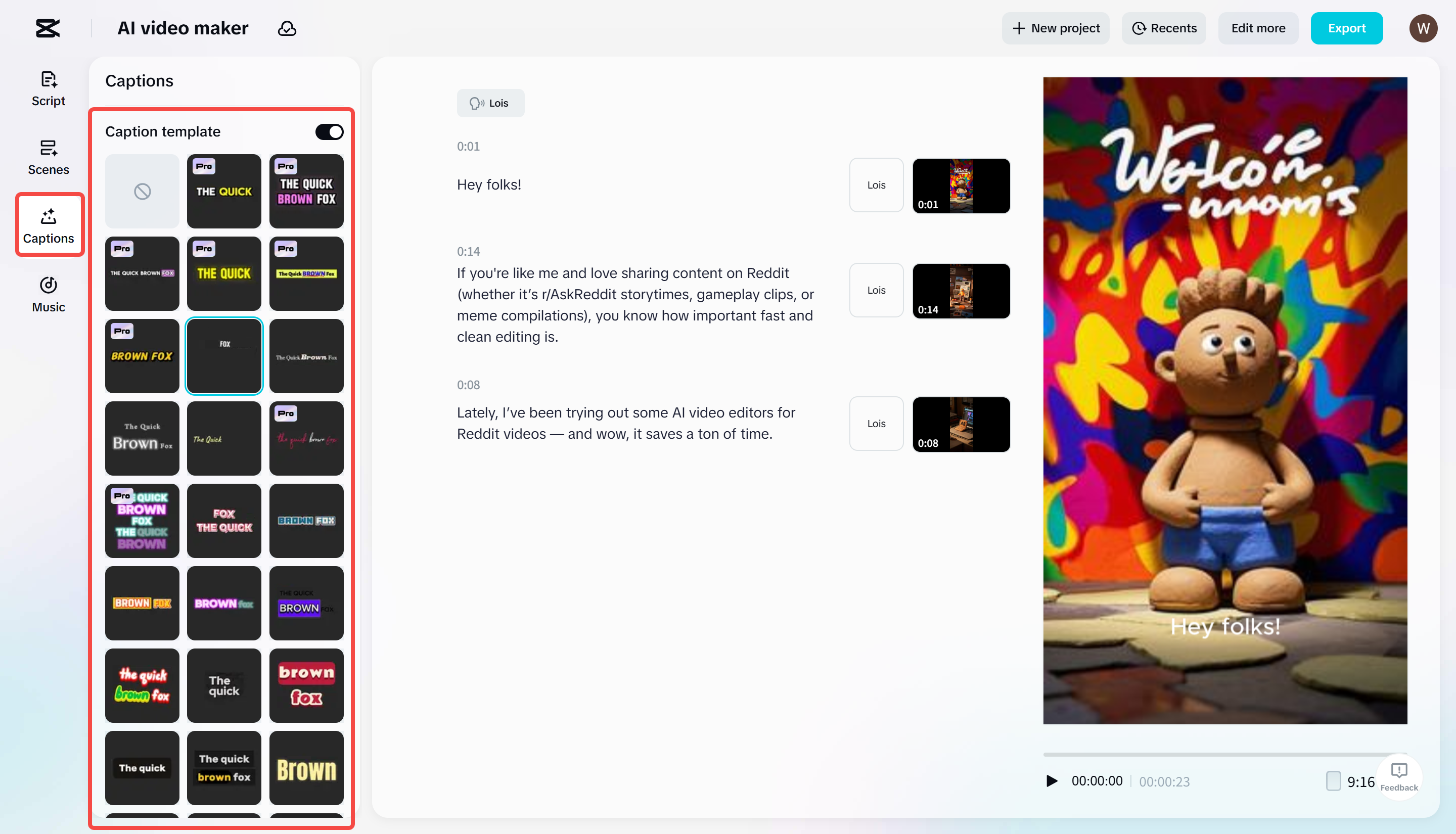 Adding caption templates to a video in CapCut's AI video maker tool