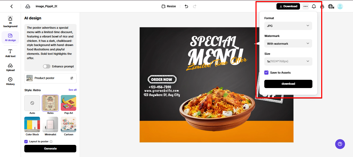 Exporting synthetic image from Pippit