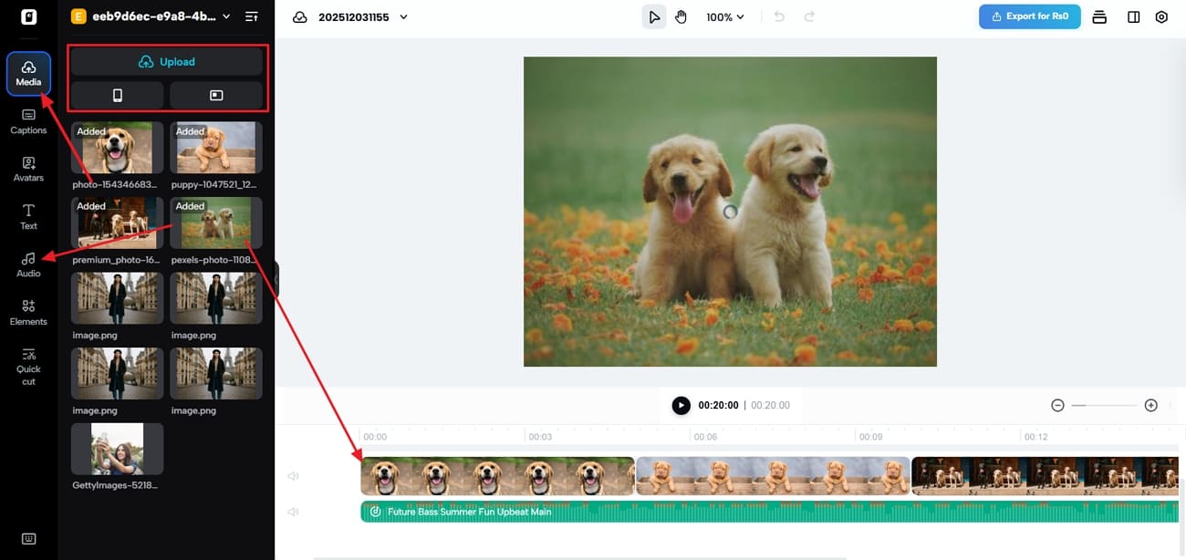 Carregar fotos e escolher música de fundo