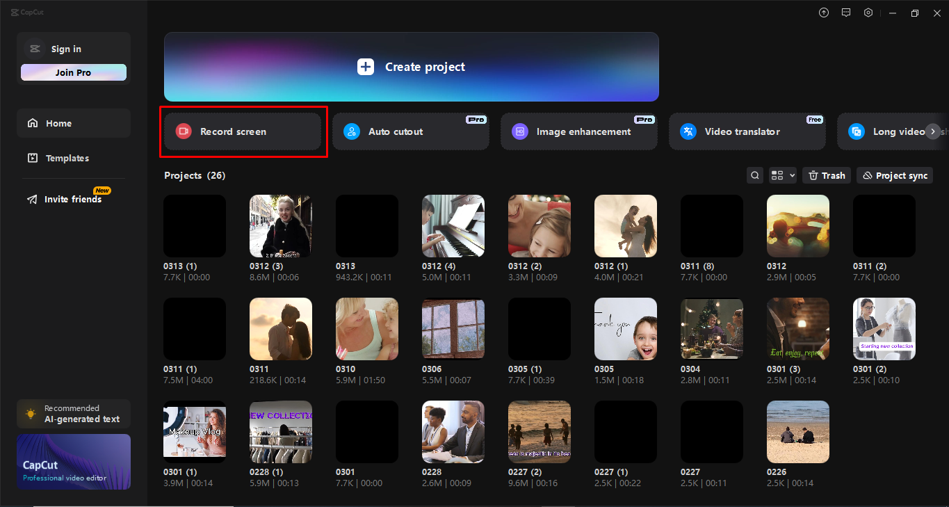 Launching screen recording tool in CapCut desktop video editor