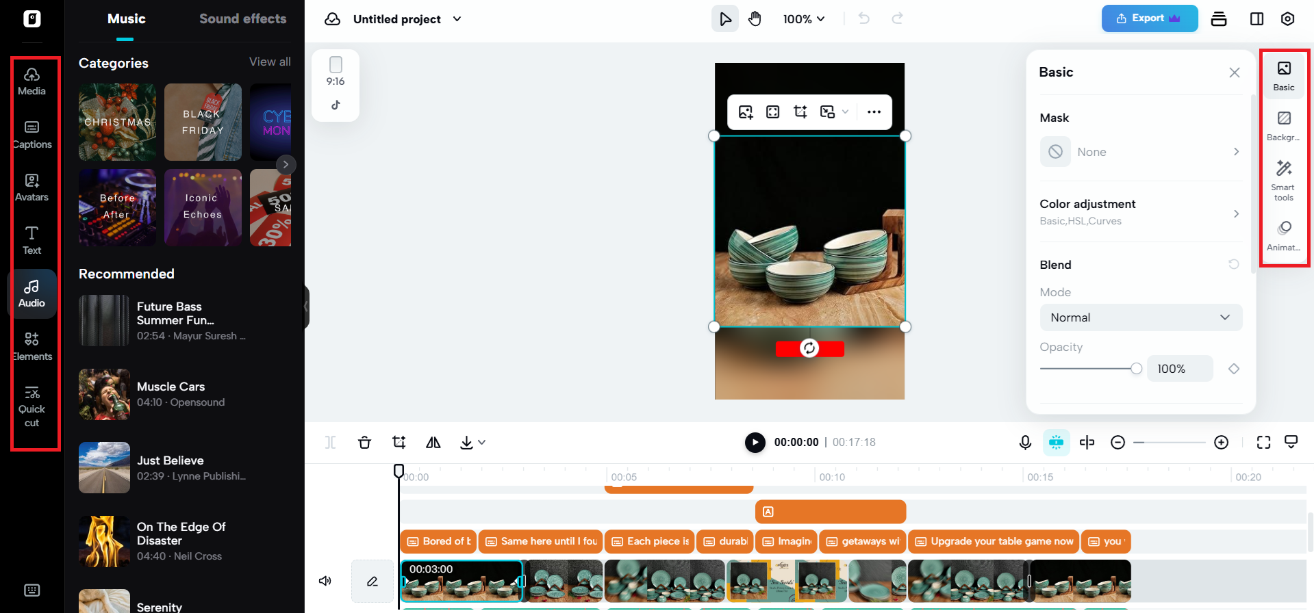 Editing options on either side of canvas