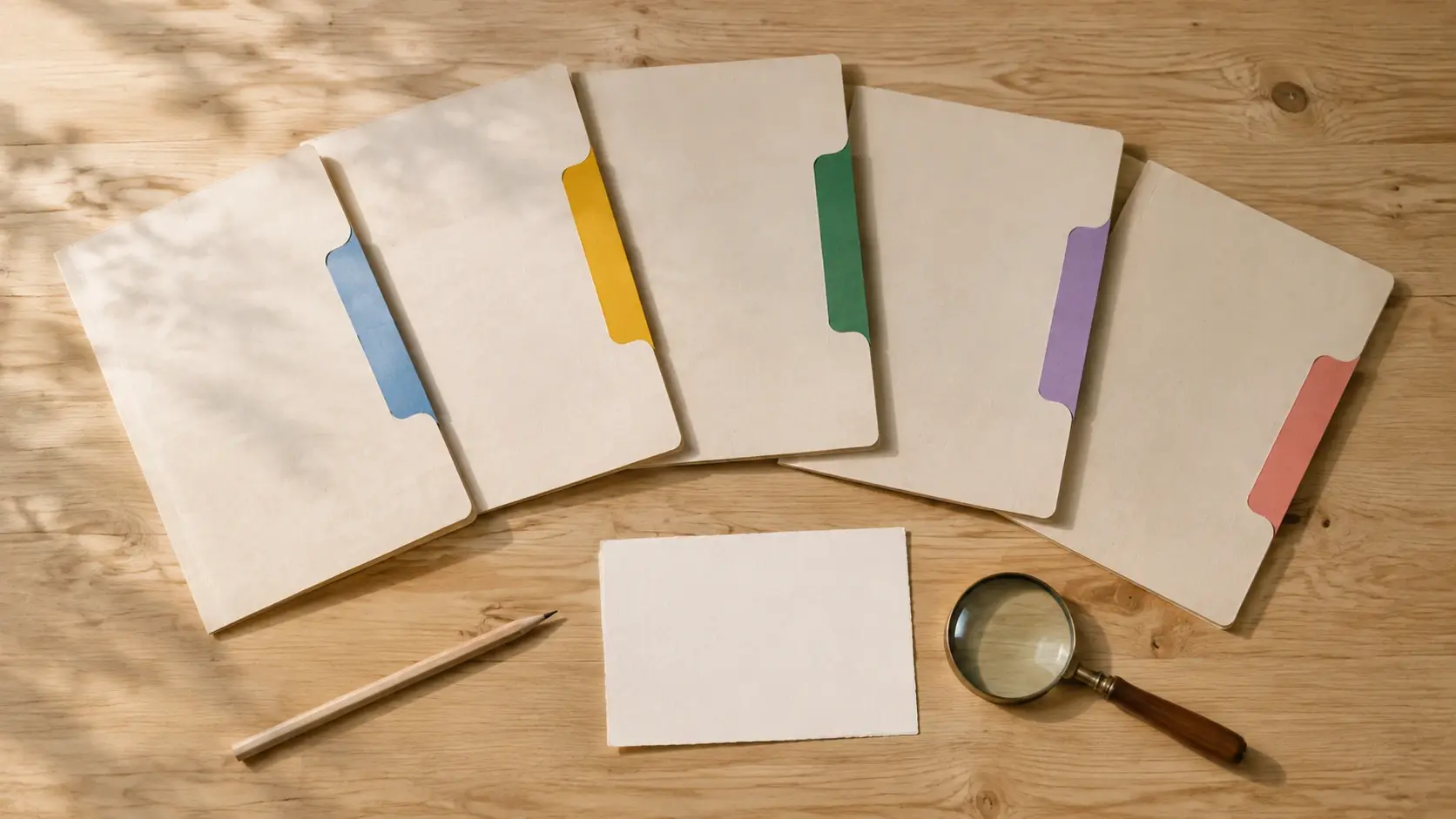 Five physical colored folders for choosing an AI video guide category