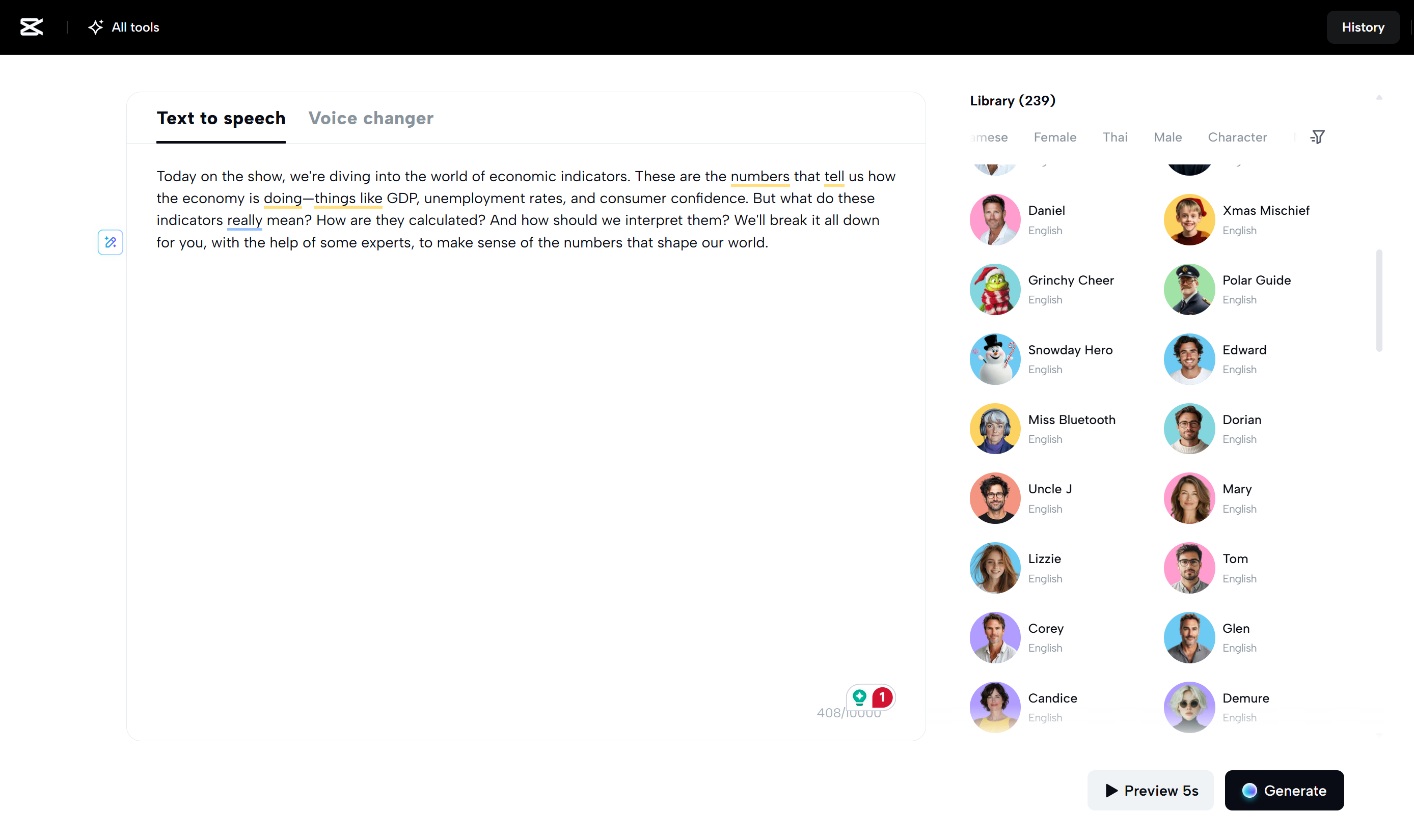 Bearbeitungsoberfläche der CapCut Web – die beste Plattform für schnelle Video-Voiceovers