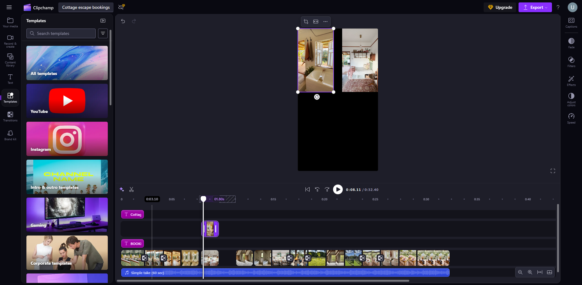 Interface of Clipchamp - an easy to use video montage maker