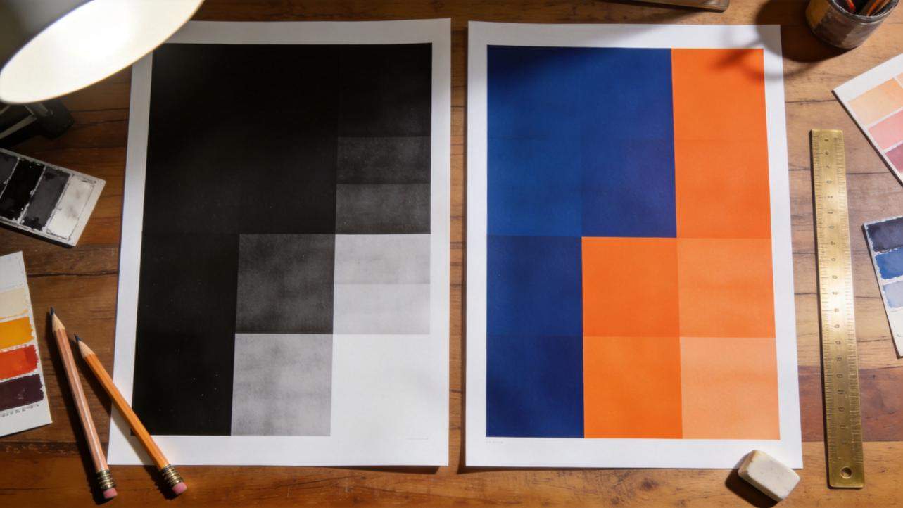 Two color-block posters on a wooden desk, one black and gray, one blue and orange
