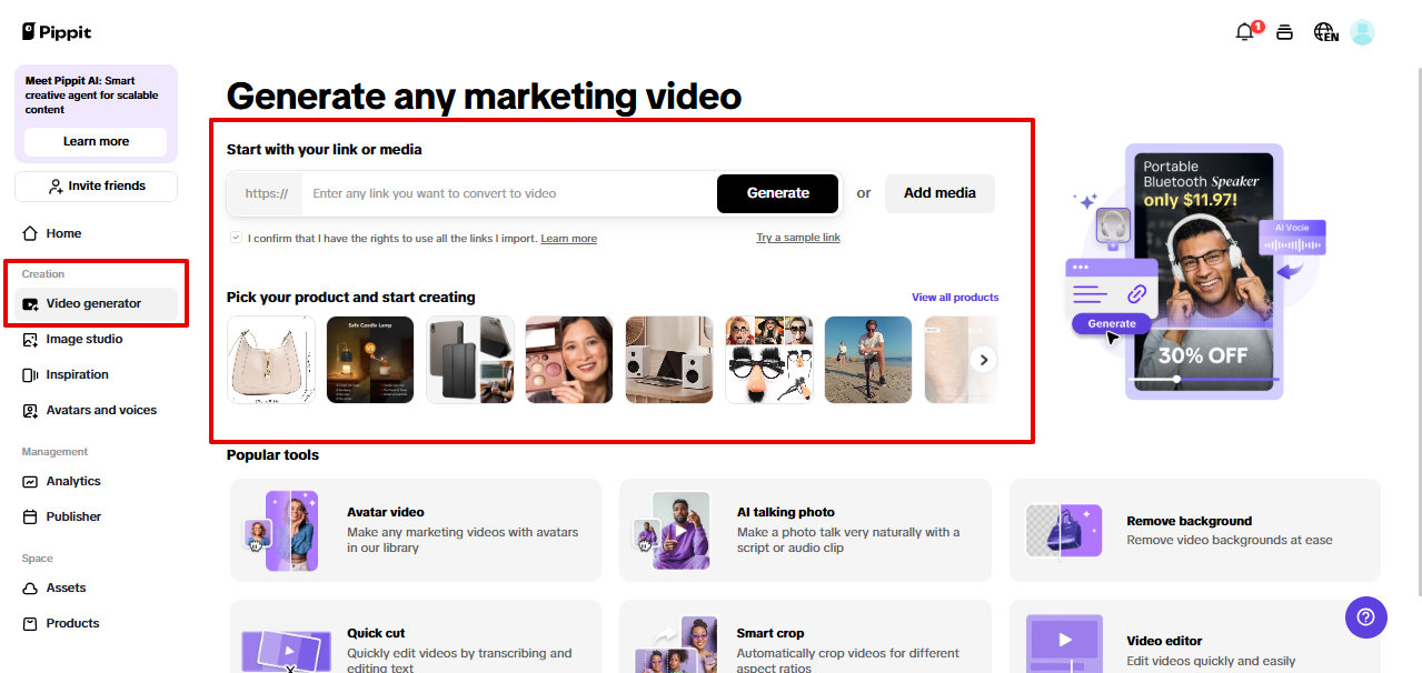 Accessing video generator in Pippit