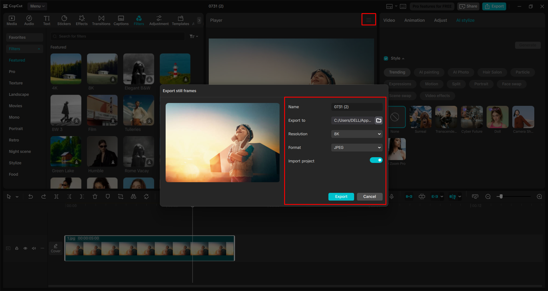 Exporting an image from the CapCut desktop video editor