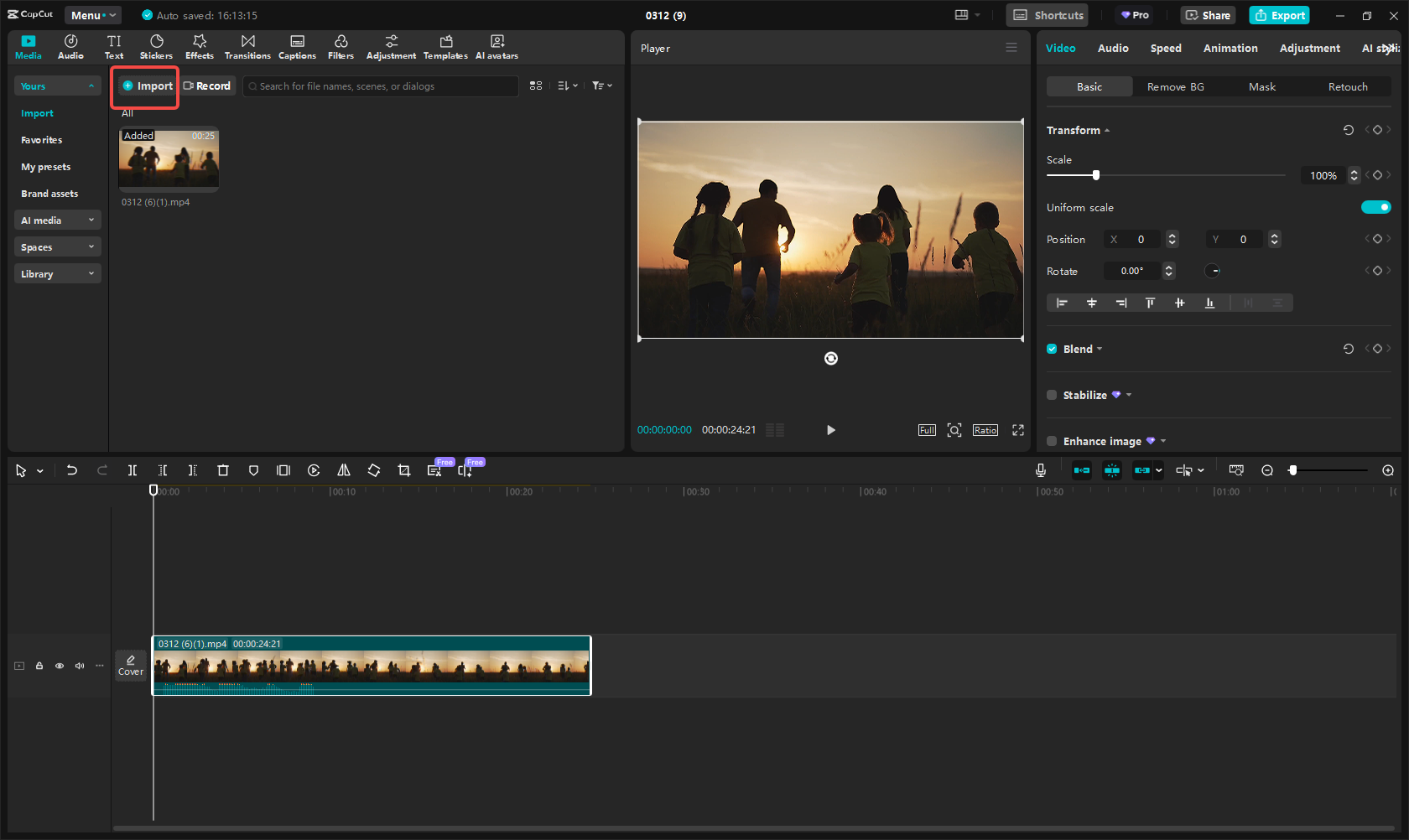 Uploading the audio to CapCut