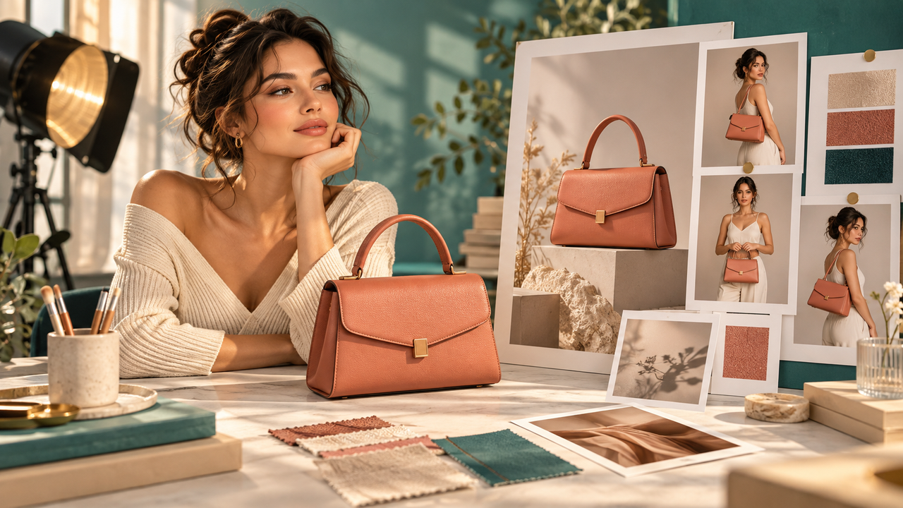Existing Dreamina generated catalog-style portrait of the fictional woman holding both indigo tote handles at waist height, with the front pocket visible.