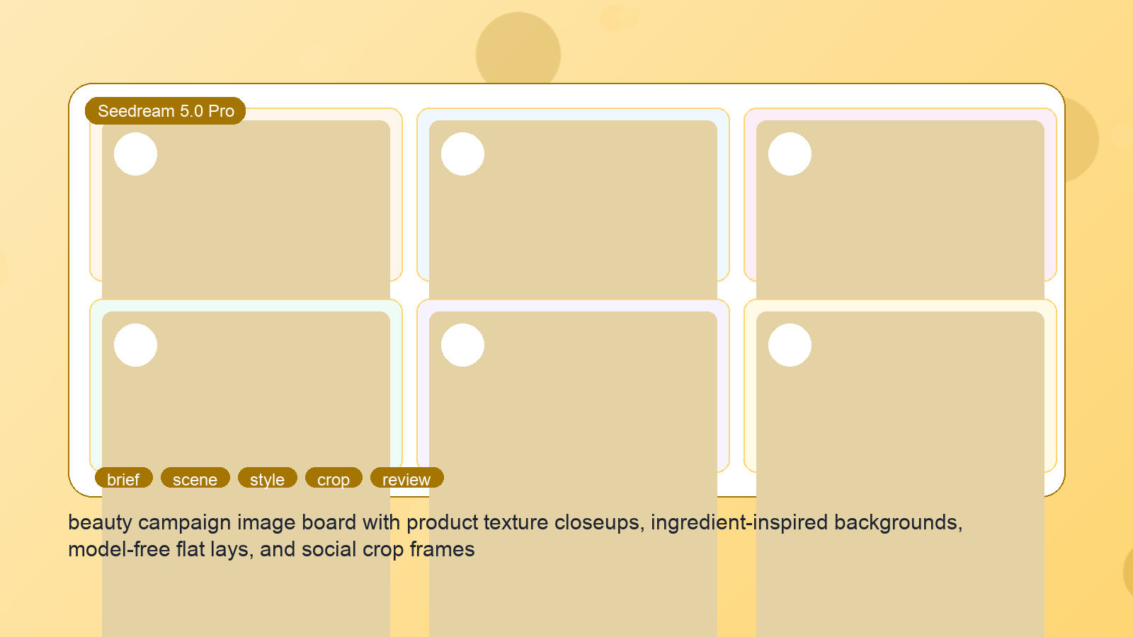 Painel de imagem de campanha de beleza com closeups de textura de produto, fundos inspirados em ingredientes, imagens planas sem modelo e quadros sociais de corte