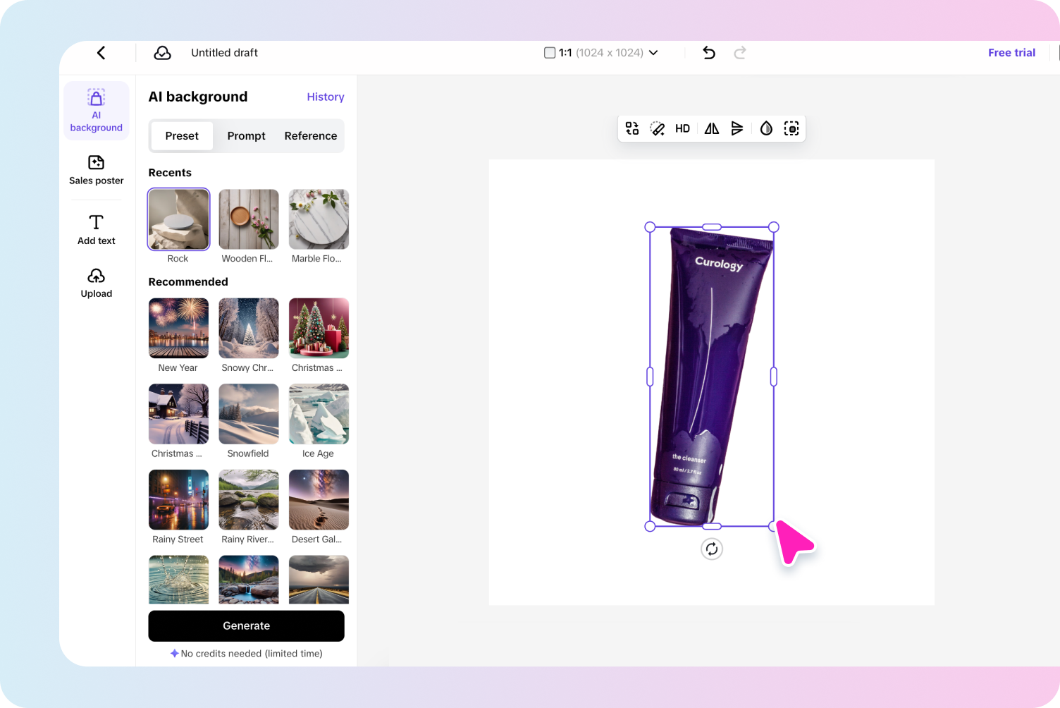 description=Side-by-side comparison in Pippit. The left image shows a product on a plain white background. The right image shows the same upscaled product on a beautiful, AI-generated kitchen counter background.