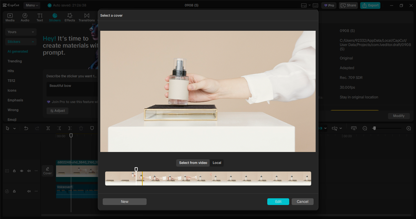 Menggunakan alat penutup reka bentuk untuk foto penutup dalam editor video desktop CapCut