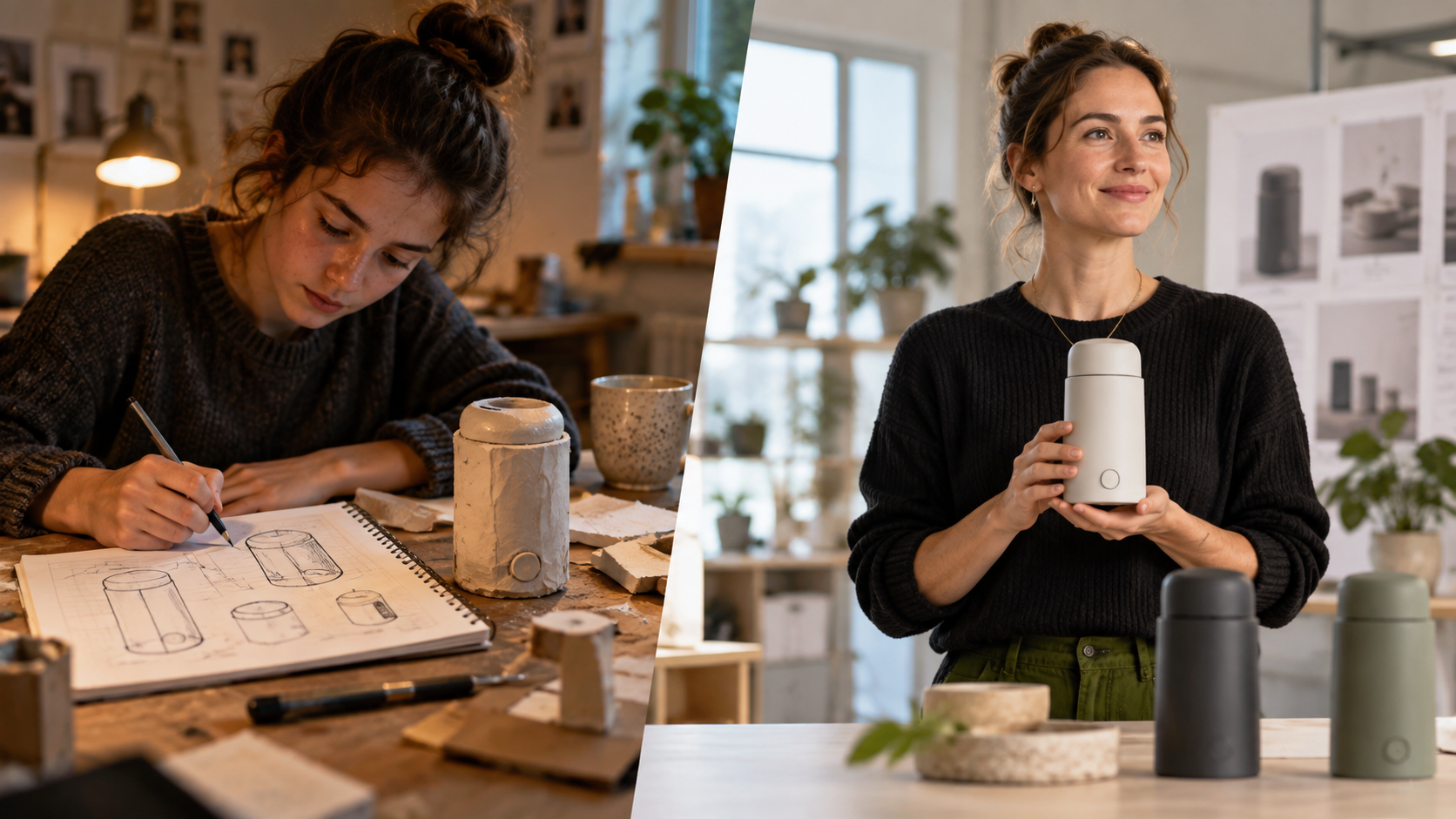 A founder's early prototype contrasted with a refined present-day product