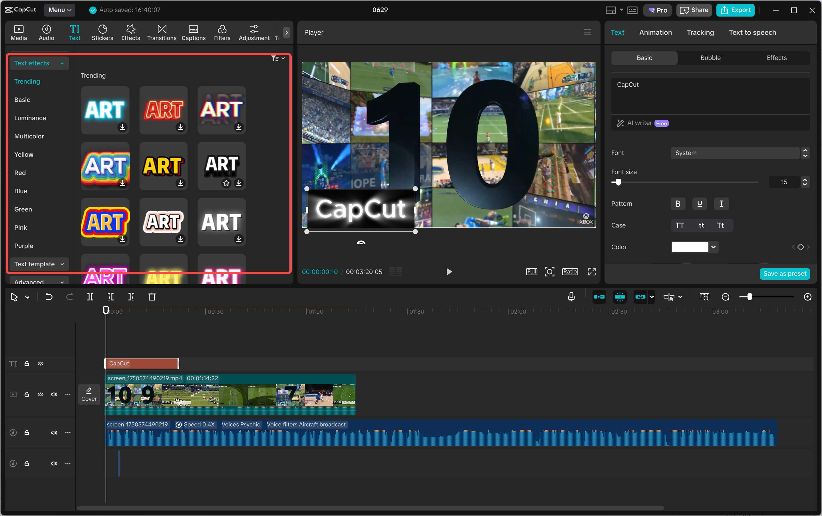 CapCut video editing interface with text overlay