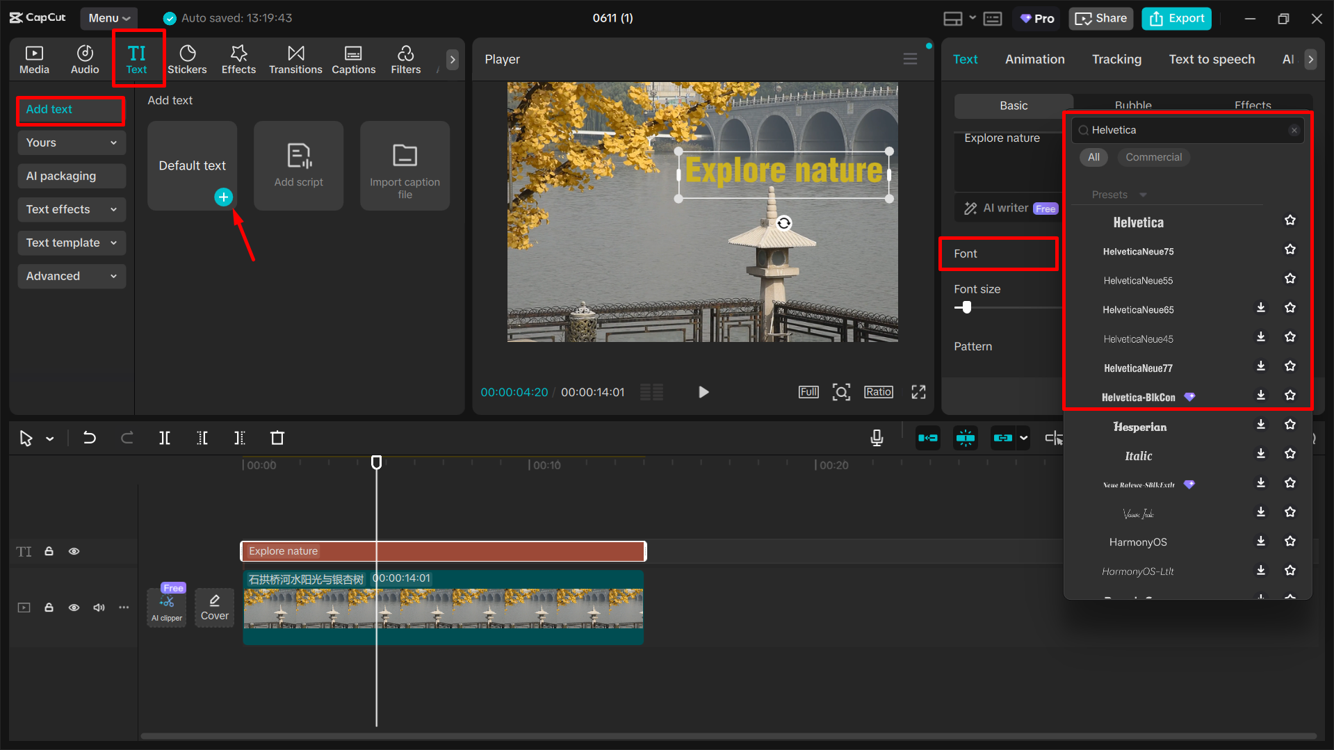 Adding the Helvetica font style to a video using the CapCut desktop video editor