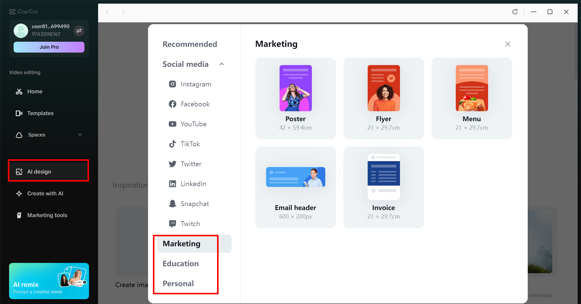 Accessing the AI design tool in the CapCut desktop video editor