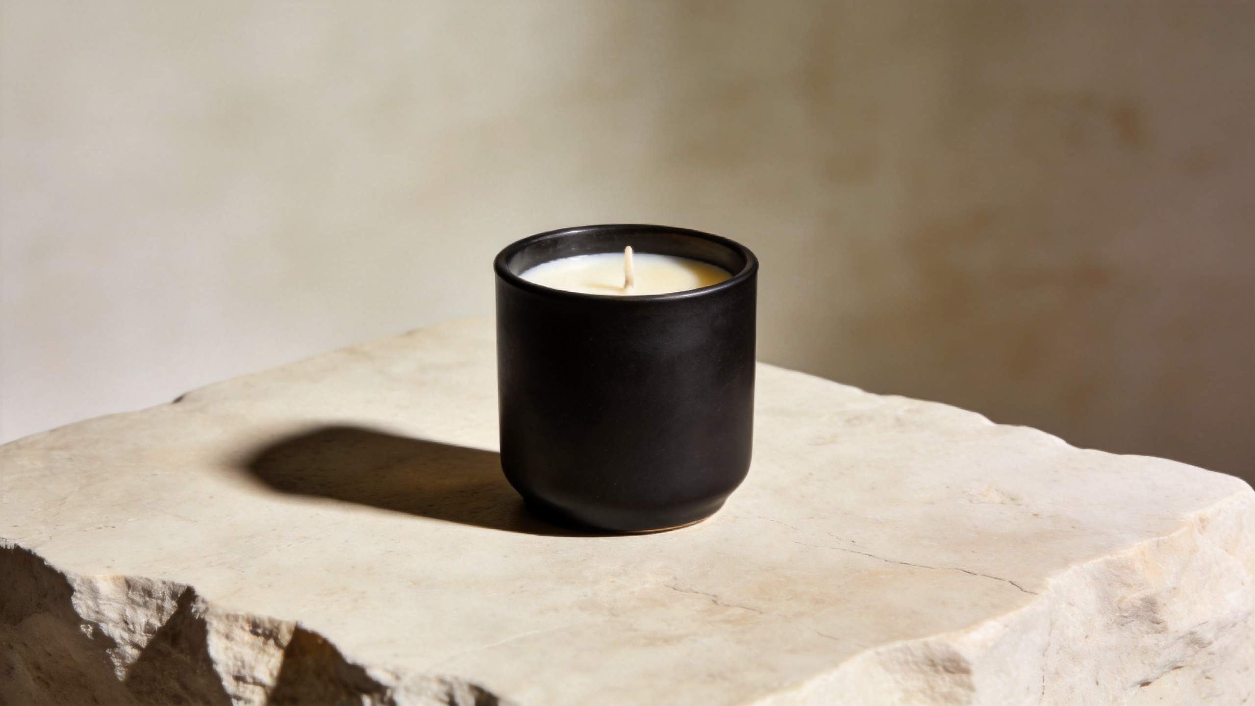 Black candle in a matte cup on a stone slab with a soft shadow