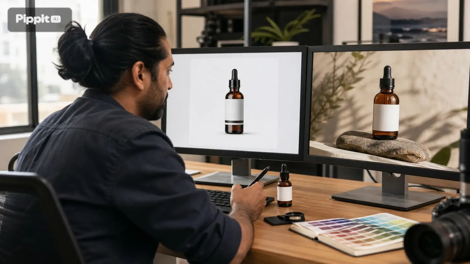 Designer travaillant sur deux écrans avec une bouteille de produit et des variations d'arrière-plan