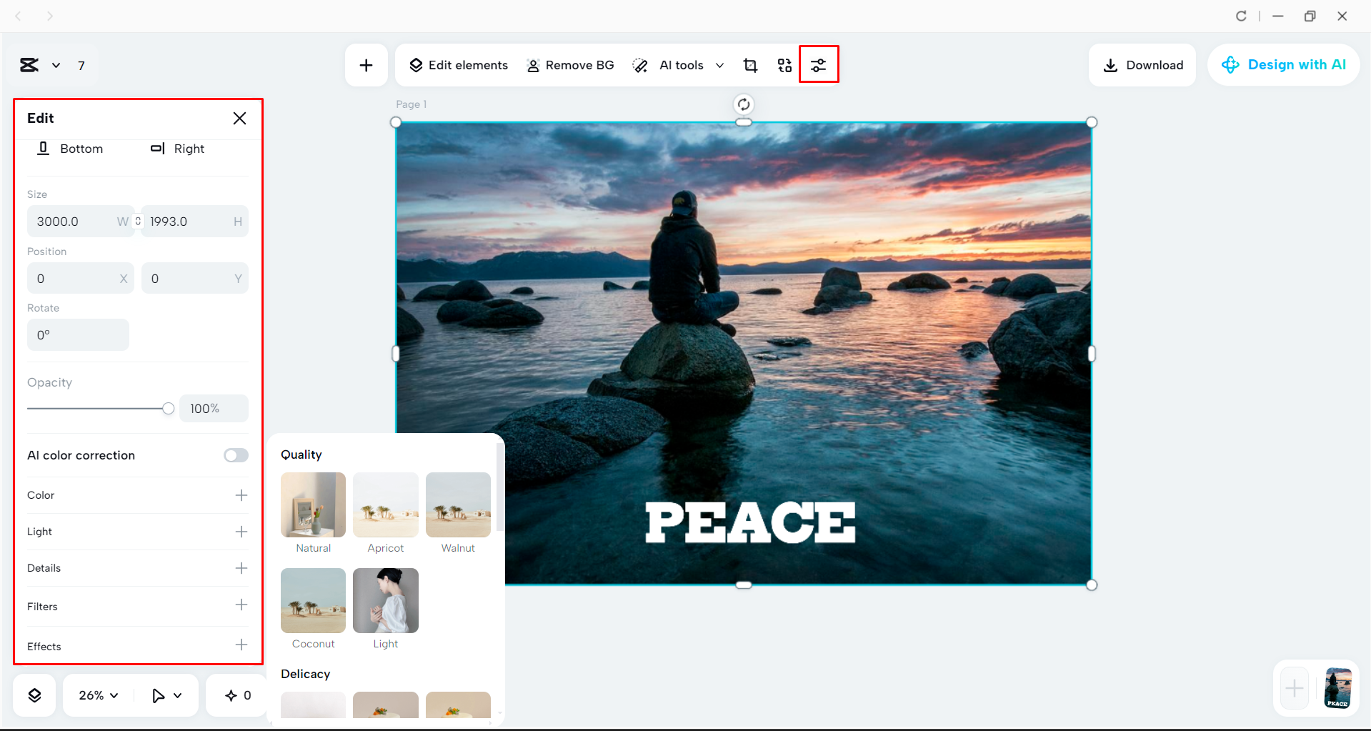 Upscaling and color grading the image with the CapCut desktop video editor