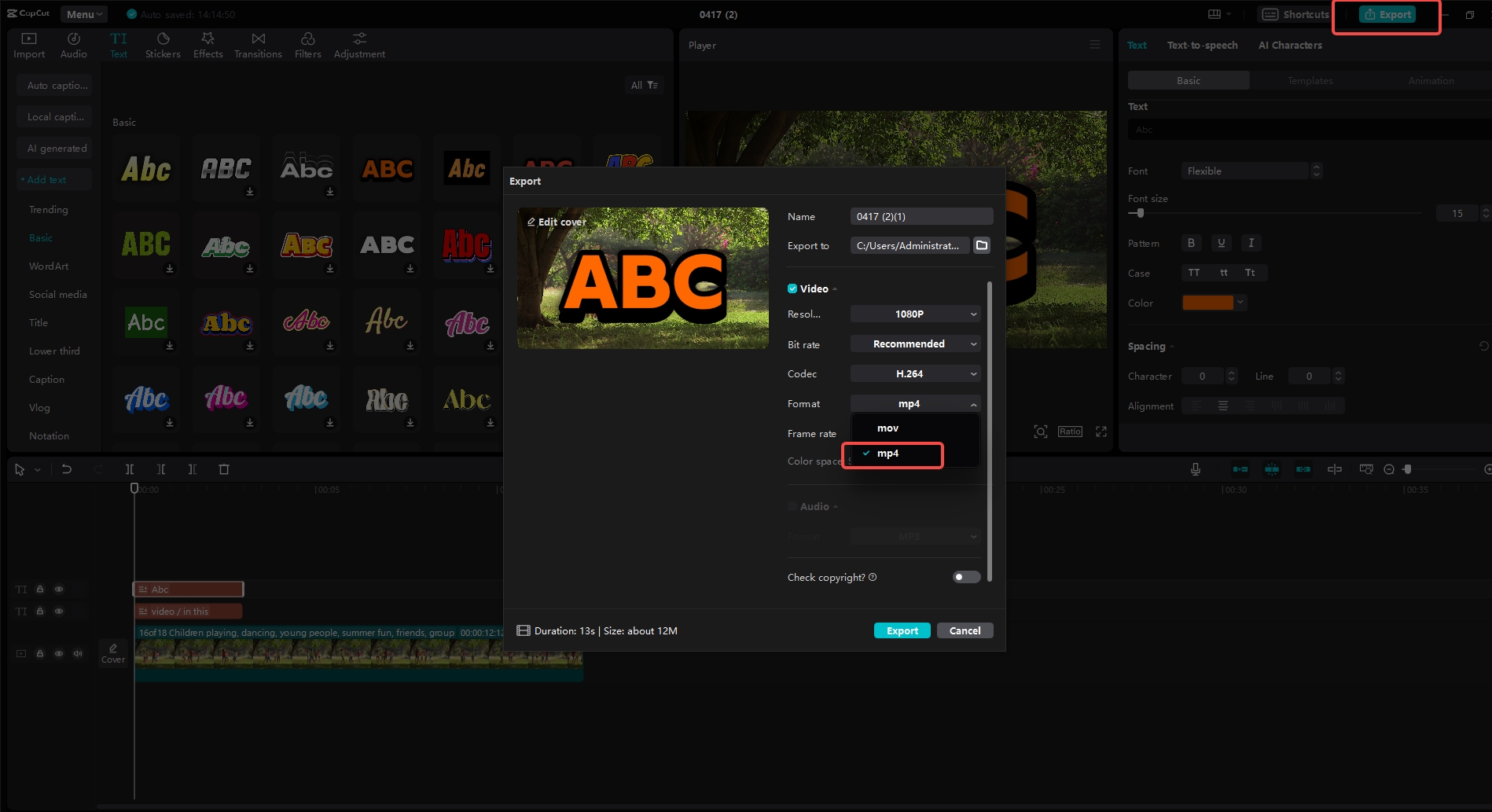 Export with MP4 format