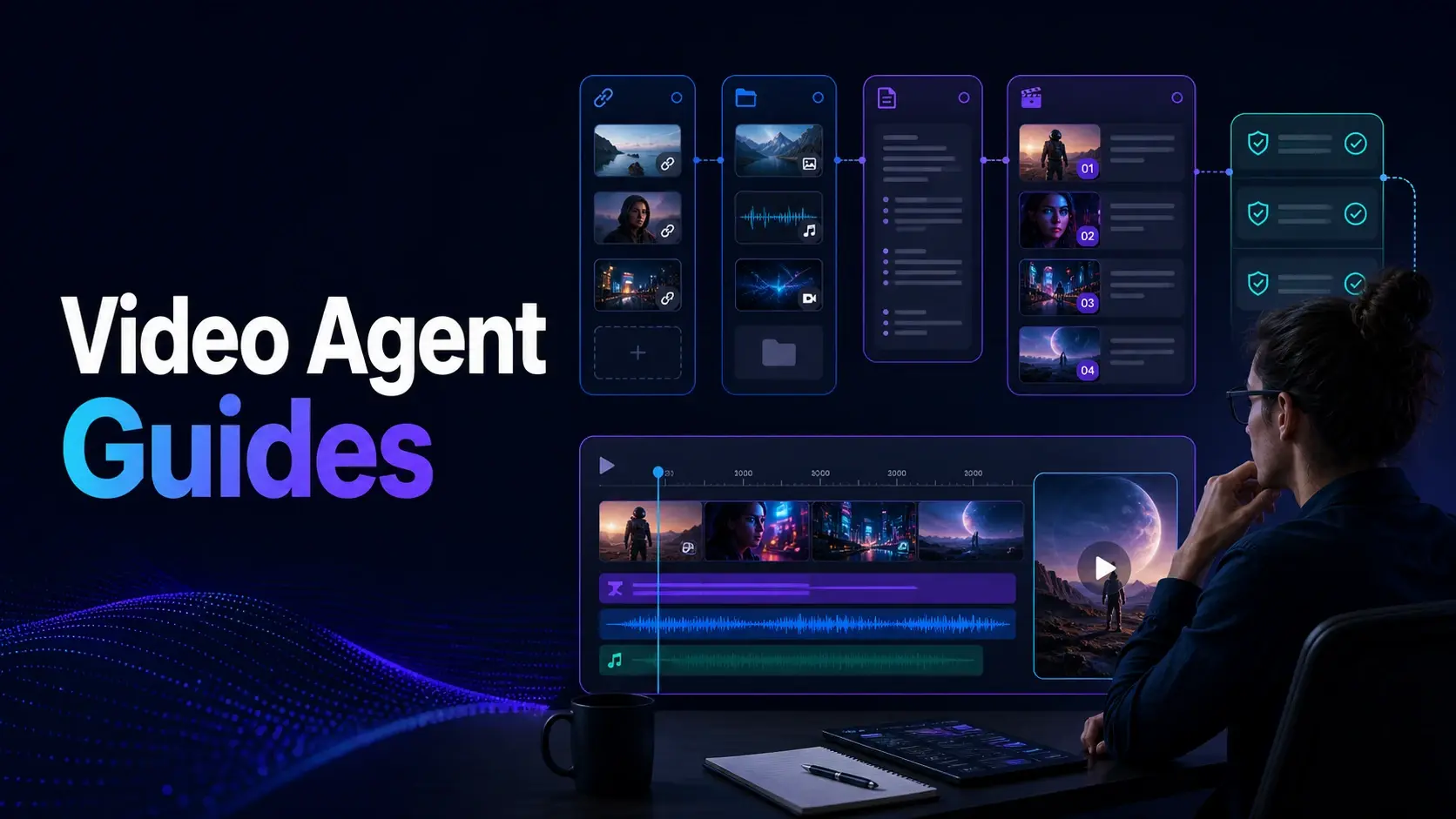 Video Agent Guides title beside a video editing interface and a person viewing a screen