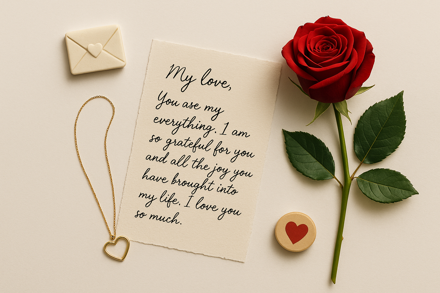 Creative flat-lays showing letter, rose and jewelry