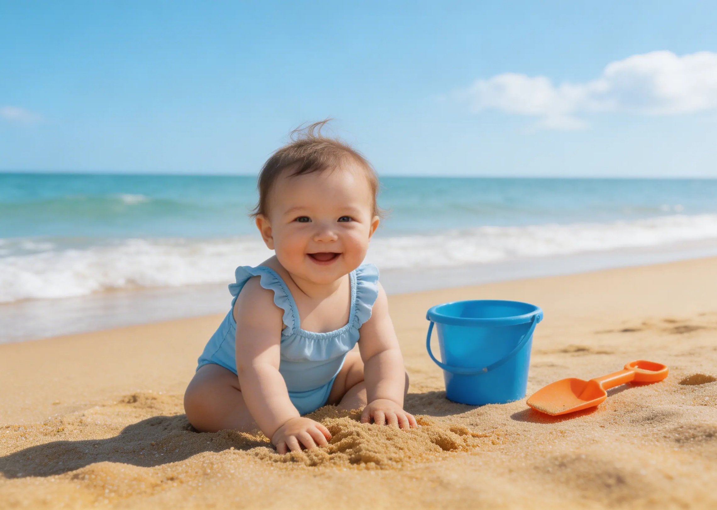 Generate an image of a cute baby playing on a sandy beach with toys