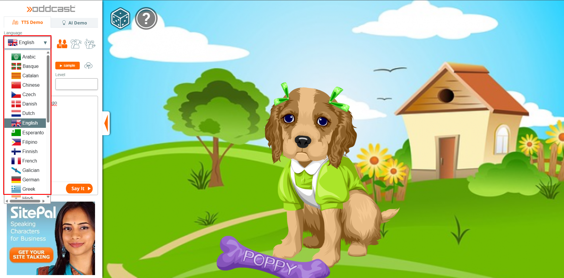 Elegir una voz y la configuración de sonido en Oddcast