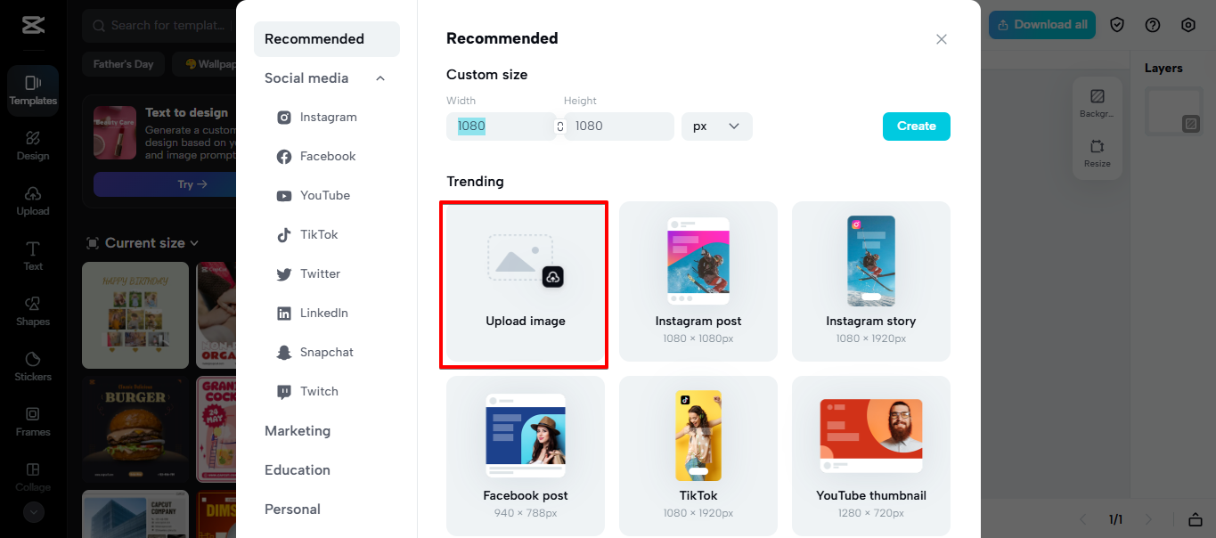 Uploading an image to CapCut Web